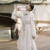 Elegant Summer Full Sleeve Mid-calf Long Dresses Lace Women Beige Vintage Stand-neck Evening Party 210603