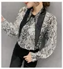 Herfst Fashion design vrouwen turn down kraag strass gepatched snake skin print lantaarn lange mouw chiffon blouse shirt plus size SMLXL