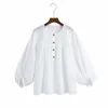 Za biały haftowany oczko bluzka kobiety długi długi rękaw puff o szyja ażurowy lato top samice eleganckie frontowe koszulki 210602