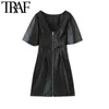 TRAF femmes Chic mode Faux cuir fermeture éclair Mini robe Vintage col en V manches bouffantes femmes robes Vestidos Mujer 210415