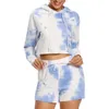 SHINBENE Tie Dye Crop Sweater+Leisure Shorts Gym Sport Sets Women Cotton Hooded Fitness Workout Long Sweater+Shorts 2Pcs/Set 210813