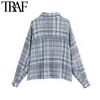 TRAF Women Fashion With Pocket Tweed Jacket Coat Vintage Long Sleeve Button-up Female Outerwear Chic Overshirt 210928