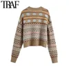 Women Fashion Ribbed Trims Jacquard Cropped Knitted Sweater Vintage V Neck Long Sleeve Female Pullovers Chic Tops 210507