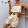 Elegant beige bomull spaghetti band kvinnor avslappnad sommar hög midja spets upp playsuits sexig ärmlös romer 210414