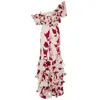 High Street EST летний дизайнер мода женские каскадные оборками цветочные печать Slash шеи пляжное длинное платье 210521