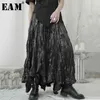 [EAM] Wysoka elastyczna talia czarny plisowany nieregularny długi temperament pół-ciała spódnica kobiety moda wiosna jesień 1U965 210724