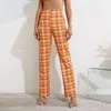 Modern orange plaid print brett benbyxor tryck upp mujer pantaloner hög midja kontrollerade byxor rakt långa slacks för kvinnor Q0801