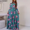 Élégant Printemps Automne Femmes Dr2019 Casual Bohmia Fleur Imprimer Maxi Robes De Mode Évider Tunique Robes DrPlus Taille X0529