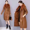 Vangull hiver femmes veste en cuir Plus velours chaud mince grand col de fourrure dames Long manteau en cuir vêtements d'extérieur pour femmes 211110