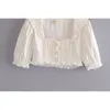 Fashion Casual Chic Single-breasted Cotton White Crop Tops Women Bolgger Style Square Collar Lace Short Sleeve Blouses 210508