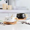 NEW Creative Marble Texture Ceramic Mug Gold Plated Handle Cup Wood Saucer Lid Coffee Cup Breakfast Milk Mug Beer Glass Crafts 210409