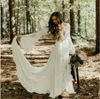 Chic Ivory Lace Boho Civil Forest Country Wedding, Deep V Neck Poet Sleeves Summer Beach Wedding Dress for Bride