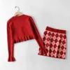 Sweet Two Pieces Set Elegant ruffle knitted Cardigan women high waist plaid skirt sexy and top set korean clothing 210521