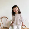 Дети Корейский стиль Свободные полосатые футболки Летние Девушки Хлопок Повседневная Мягкая Короткая Рукав Топы 210615