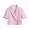 Été femmes doux Double boutonnage col cranté rose Tweed laine court Blazer manteau Vintage femme survêtement Chic hauts 210514