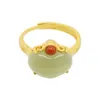 Man Time S925 Pure Silver Gold Plated Peach Heart Natural and Green Jade Ring K3Y4253n