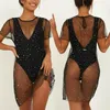 Frauen Badebekleidung Meihuida sexy Mond/Star-Pailletten Mesh Bikini Decken Sie schiere O-Neck Kurzarm Black Beach Mini Kleider