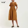 Vintage Tunic Ruched Dress For Women Square Collar Short Sleeve High Waist Midi Pink Female Summer Fashion 210531