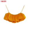 Tangada Dames Sexy Oranje Geplooid V-hals Camis Crop Top Strand Spaghetti Strap Short Shirts Tops 4n42 210609