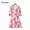 Foridol Floral Print Pink Summer Sukienka Kobiety V Neck Vintage Krótka sukienka na plaży Wzburzona Warstwowa Australia Mini Boho Sundress 210415