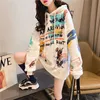 Women hooded graffiti print plus velvet thick ladies ins super fire lazy style jacket spring and autumn thin 210805