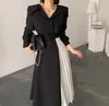 Casual Kleider Koreanische Chic Kontrast Farbe Hemd Kleid Herbst Winter 2021 Mode Schwarz Spitze-up Büro Dame Hohe Taille langarm Midi