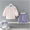 Conjuntos de 2 uds. De primavera para niñas pequeñas, camisas de manga larga abullonadas, Top + pantalones cortos con lazo y tocados, ropa para niños E9120 210610