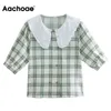 Kobiety Bluzki Słodki Peter Pan Collar Plaid Bluzka Kobieta Krótki Rękaw Casual Tunika Koszula Vintage Lato Topy 210413