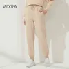 Wixra Womens 솔리드 캐주얼 바지 높은 탄성 허리 Drawstring Fleece 기본 바닥 겨울 가을 Y211115