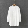 Automne Coton Jacquard Solide Blanc Plus Taille Demi-Col Haut Full Femmes Chemises 210615