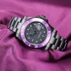 Fashion Cool Men039s Bekijk Dark Night Black Dial Purple Aperture Scale Roestvrij stalen riem automatische datum8010883