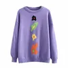 Women Sweater Knitted Pullovers Violet White Loose Winter Crew Neck Floral Print M0404 210514