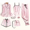 Pink Striped Pajamas Silk Satin Femme Pajama Set 7 Pieces/Set Stitch lingerie Robe pyjamas Women Sleepwear Mom Pjs kPaCotAkoWka 210831