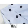 TRAF Women Chic Fashion Polka Dot Met Riem Wrap Mini Jurk Vintage V-hals Puff Sleeve Vrouwelijke Jurken Vestidos Mujer 210415