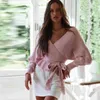V neck knitted wrap sweater jumper women autumn winter casual elegant office lady soft pink sweater jumpers top pull femme 210415