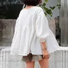 Women's Blouses & Shirts Elegant Pleated 2022 Spring Puff Sleeve O-neck Blouse Casual Solid Loose Office Ladies Cotton Tops Plus Size