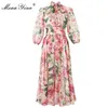 Robe de créateur de mode Printemps Eté Femmes Robe Bow col Rose Floral-Imprimé Élégant Vacances Robes En Mousseline De Soie 210524