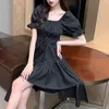 EZGAGA Seksi Düzensiz Kısa Puf Kollu Kadın Elbise Yaz Yeni Kare Yaka Yüksek Bel Bandaj Elbiseler Kulübü Kore Moda 210430