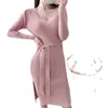 WOMENGAGA Korea Spring Dress Medium Length V-neck Lace Up Belt Waist Knitted Buttock Knitting Pink Dresses 6A4T 210603