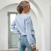 Foridol V Neck Twist Distressed Blue Cropped Sweater Pullovers Women Vintage Lantern Sleeve Winter Short Pullovers 210415