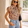 Kvinnors Blusar Skjortor 2022 Sommar Kortärmad Leopardtryck Skjorta Blus Kvinnor Mode Ruffles Lace Up Top Casual Pink Bow Slim Tops Fem