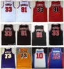 Вышивка винтажная майка Purple 73# Rodmanjersey Scottie# 33 Pippen Jerseys Dennis 91# Rodman Jersey White Black Red Спортивные рубашки сшиты