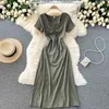 Short Sleeve Women Summer Dress Chic V-neck Hollow Out Waist A-line Midi Party Casual Female Sundress Streetwear 210603