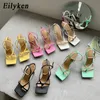 EilyKen New Fashion Smalband Gladiator Sandaler Kvinnor Tunna Högklackat Pumpar Elegant Square Toe Ankel Buckle Strap Party Shoes X0523