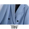 Traf女性のファッションダブルブレストルースフィッティングブレザーコートビンテージ長袖ポケット女性の上着シックなベステフェムミ210930