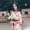 Rétro robe en mousseline de soie été femmes taille haute Style chinois arc demi manches mi-mollet robe imprimé fleuri mode vêtements 210521