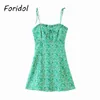 Foridol Stampa floreale Boh Beach Summer Dress Women Strap Lace Up A-line Short Green Dress Backless Ruffle Linen Sundress 210415