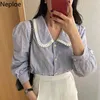 NEPLOE BLUSAS MUJER DE MODA Chic Hollow Out Crochet Blommor Blus Kvinnor Vintage Loose Shirt Vår Sweet Blouses Tops Femme 210422