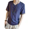 Men's Casual Shirts 2022 Men Chinese Style Linen Short Sleeve Round Neck Solid Loose Fit Top Summer Undershirt Soft Harajuku M-5XL