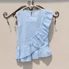Casual Blouse Girl Arrival Summer Solid White Blouses Cotton Ruffle Sleeve Less Red Shirts Blue Striped Shirt for Teenagers 210622